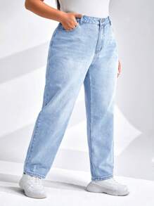 SHEIN EZwear 大码女式简约纯色休闲牛仔裤 - 淺色水洗藍 - 查看 3