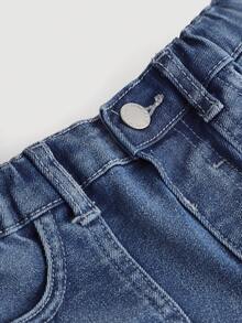 SHEIN Quần ống loe denim dễ thương cho bé gái có cạp chun, túi, quần jeans xanh co giãn cổ điển, quần áo thu đông cho bé gái - Rửa tối - Xem 3