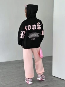 SHEIN 2pcs Gothic Text Fleece Sweatshirt & Pants Set For Tween Girls - Black - View 1