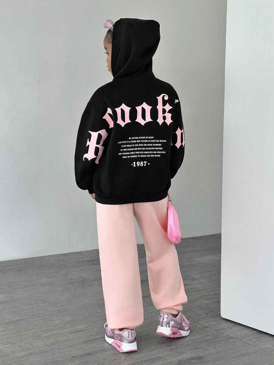 SHEIN 2pcs Gothic Text Fleece Sweatshirt & Pants Set For Tween Girls - Black - View 1