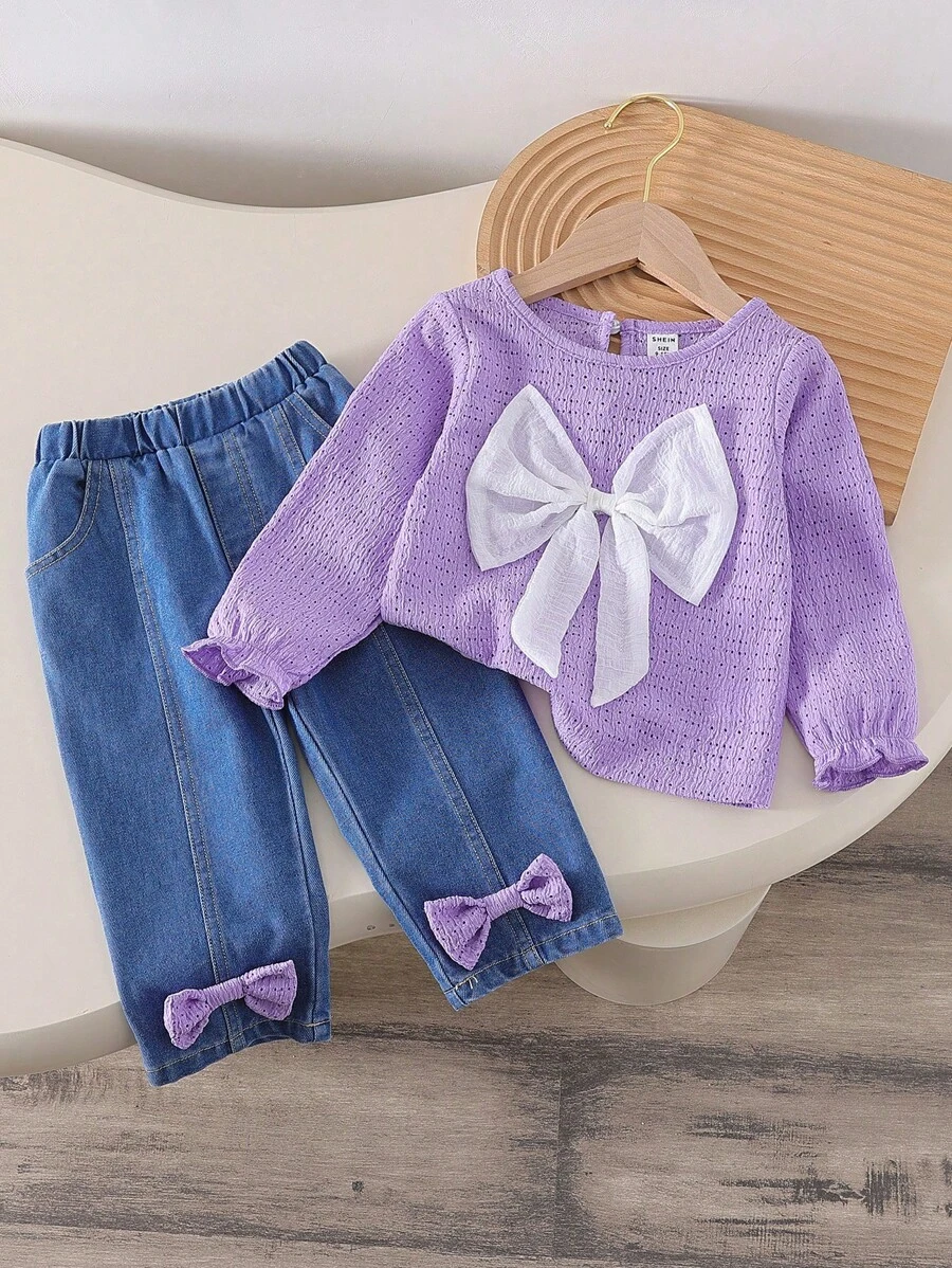 SHEIN Bộ Quần Dài Tay Trang Trí Nơ Cho Bé Gái - Màu tím - Xem 1