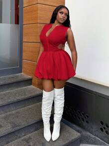 Slaydiva Thời trang mới Váy bong bóng không tay cho kỳ nghỉ thường ngày - Màu Đỏ Sâu - Xem 4