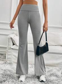 SHEIN Tall 女士纯色喇叭紧身裤 折叠紧身裤 弹力喇叭裤 瑜伽裤 Y2k 慢跑裤 - 灰色 - 查看 6