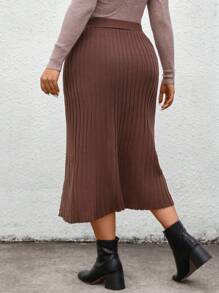 SHEIN LUNE Plus Size Women's Brown Buttoned Front Slit Rib Knit Skirt, Fall/Winter Skirt