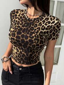 SHEIN EZwear 4pcs/Set Women's Leopard & Zebra Print Milano Pattern Round Neck Short Sleeve Fitted T-Shirts, Summer Wear