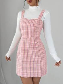 Selianne Women's Pink Plaid Simple Casual Dress Mini Short Women Outfit - Pink - View 3