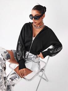 SHEIN SXY 女式短款羊毛连帽拉链夹克，带火焰水钻装饰 - 黑色 - 查看 4