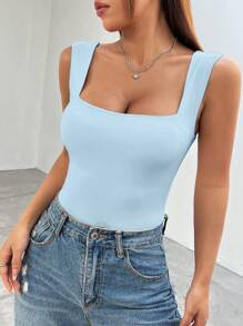 SHEIN EZwear Women's Spring And Summer Shirts Square Neck Sleeveless White Casual Bodysuit - Blue - View 5