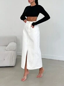 EURMUSE WOMEN HIGH WAIST SLASH DETAIL MIDII SKIRT - White - View 5