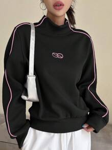 DAZY 女式休闲宽松圆领长袖图案拼色运动衫，秋季 - 黑色 - 查看 2