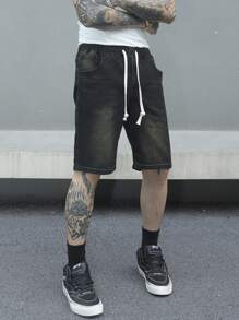 Manfinity EMRG Pantalones cortos vaqueros casuales con cordón y bolsillos para hombre - Negro - Ver 1