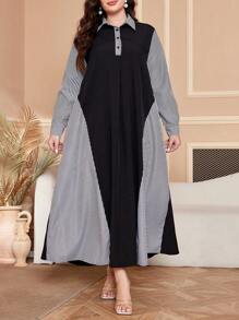 Al Najma Đầm thường ngày dài tay kẻ sọc cổ polo mùa xuân và mùa hè cỡ lớn cho nữ, phong cách giản dị, kín đáo, váy dài cỡ lớn - màu đen - Xem 6