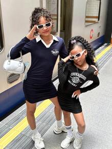 Tailliertes Strickkleid im Vintage-Stil für Tween-Girls mit Rundhalsausschnitt und langen Ärmeln - Schwarz - Übersicht 2