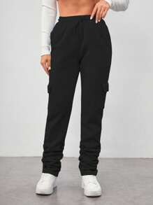 SHEIN LUNE Ladies' Solid Color Pleated Hem Drawstring Waist Sports Pants Graduation,Back To School Outfits,Graduation,Teacher Outfits For Women,Back To School Fall Cloth For Women