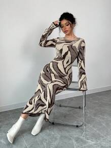 Selianne 女式修身喇叭袖图案针织毛衣连衣裙，秋冬季 - 彩色 - 查看 5