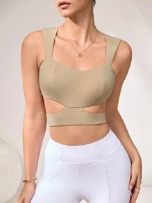 SHEIN Sports 女士纯色简约日常镂空运动文胸 - 杏色 - 查看 3