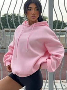 Muchica 女款樱桃图案宽松长袖抽绳加厚连帽衫，适合秋冬季 - 淺粉色 - 查看 4