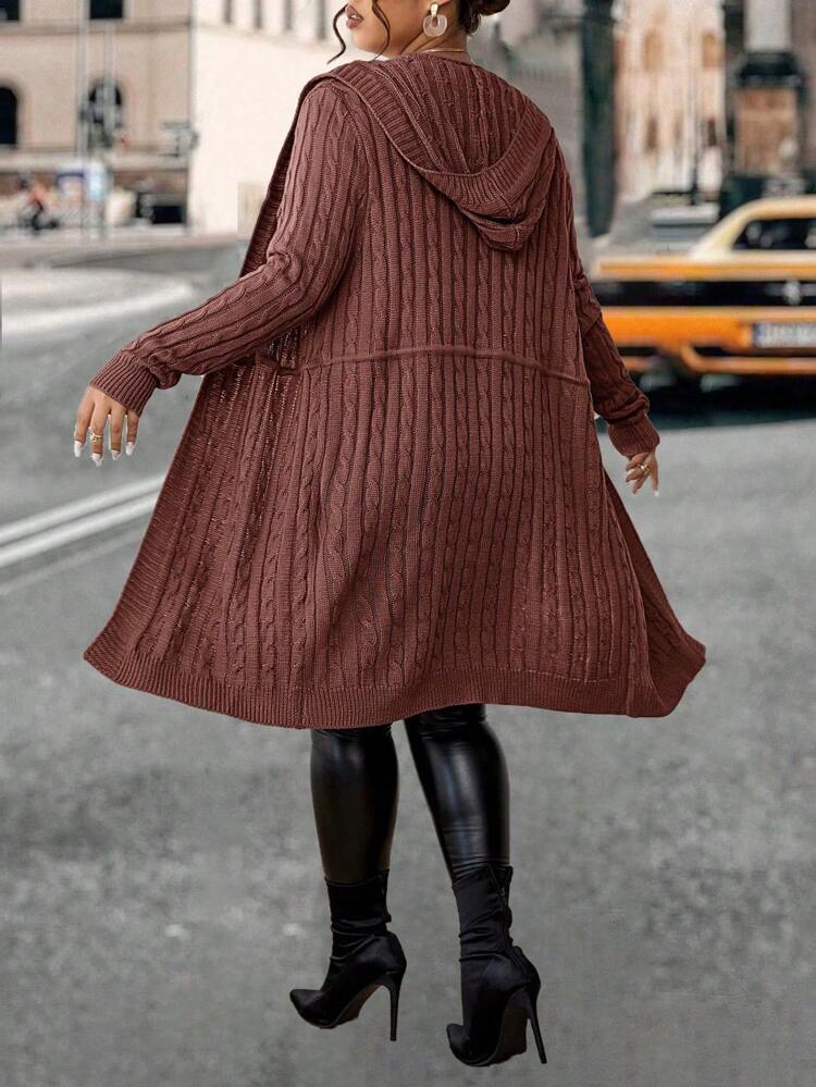 Plus Drawstring Waist Cable Knit Hooded Cardigan, For Winter Fall Cloth For Women Autumn