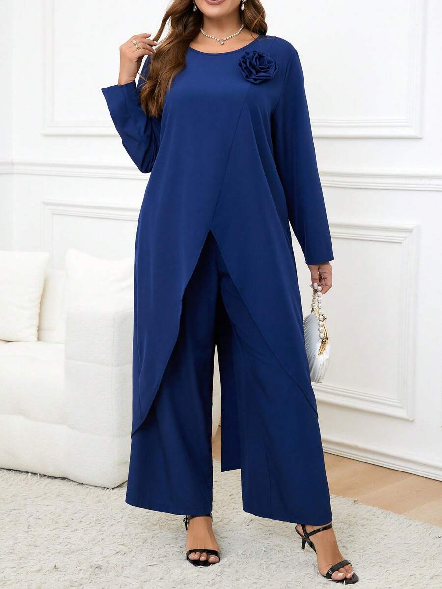 SHEIN Clasi 大码优雅纯色前短后长衬衫和裤子两件套商务休闲女士优雅女士服装 - 藏蓝色 - 查看 1