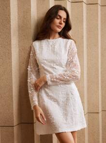 Anewsta Vestido mini blanco de encaje con cuello redondo y silueta evasé - Blanco - Ver 1