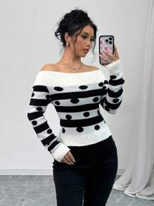 Chiquease 女士露肩波点针织套头衫，秋冬款 - 黑與白 - 查看 4