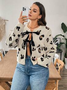 SHEIN Frenchy Plus-Size Women's Woolen Cardigan Jacket, Leopard Print Sweater Cardigan, Bow Strap Top,Cardigan Sweater Old Money Halloween Sweater,Long Sleeve Women Tops Women Jackets Winter Tops Fall Sweaters Fall Clothes Leopard, Knitted Shirt Long Sleeves Woman Fall Women Outfits Women Sweaters Fall Women Sweaters