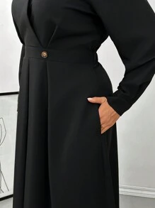 Firerie Plus Size Comfy Casual Simple Pleated Shirt Dress Women Long Sleeve A-Line Loose Black Dresses, Spring & Autumn - Black - View 5