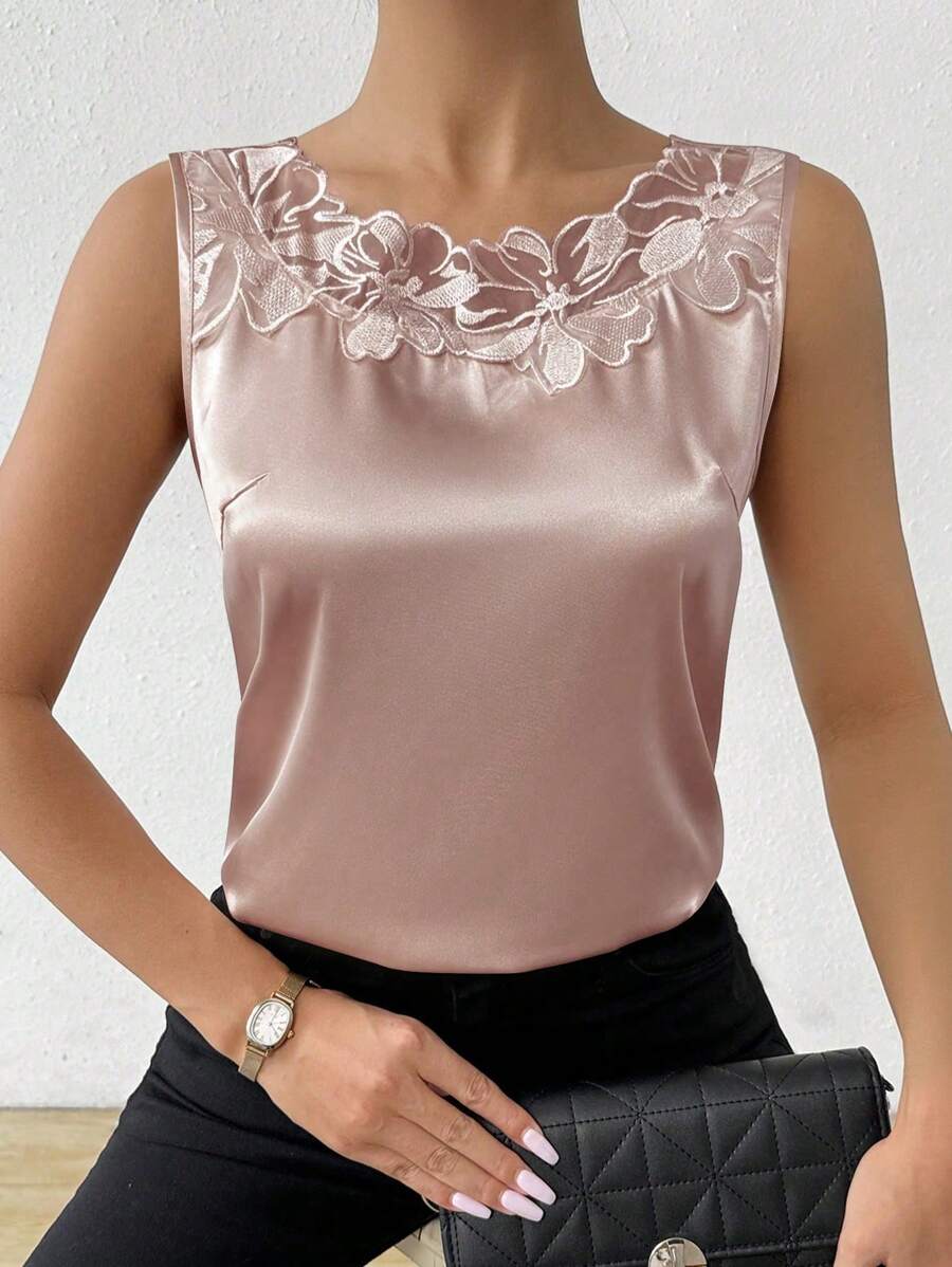 EMERY ROSE 女士府绸拼布蕾丝无袖衬衫、无袖上衣 - 藕粉色 - 查看 1