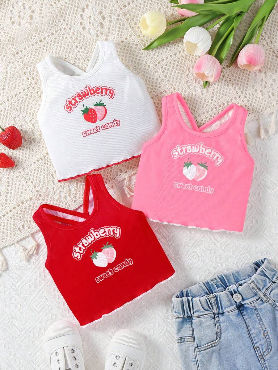 Débardeur décontracté pour bébé fille blanc/rose/fuchsia à rayures et imprimé lettre & fraise - Multicolore - Voir 1