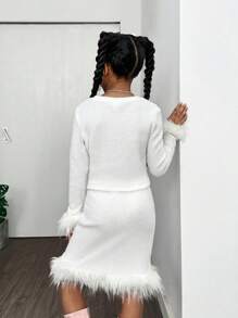 Tween Girl Casual Party Knit Warm Solid Fluffy Trim Crew Neck Long Sleeve Set