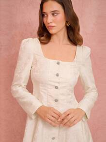 Enchnt Women's Apricot Floral Princess Diamond Buttons Long Sleeve Dress,Fall Women Dresses&Fall Women Clothes - White - View 3