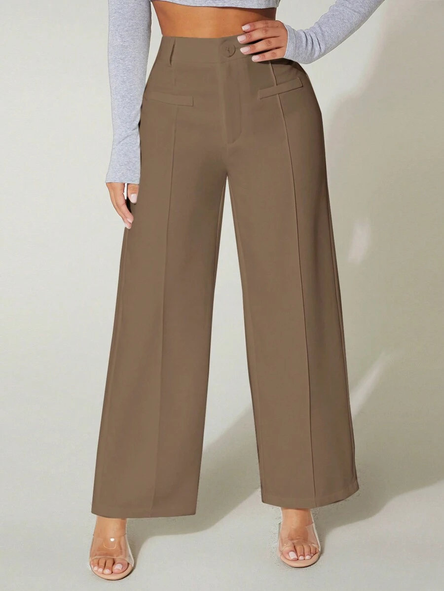 SHEIN PETITE 高腰阔腿夏季连衣裙裤子 - 咖啡棕 - 查看 1