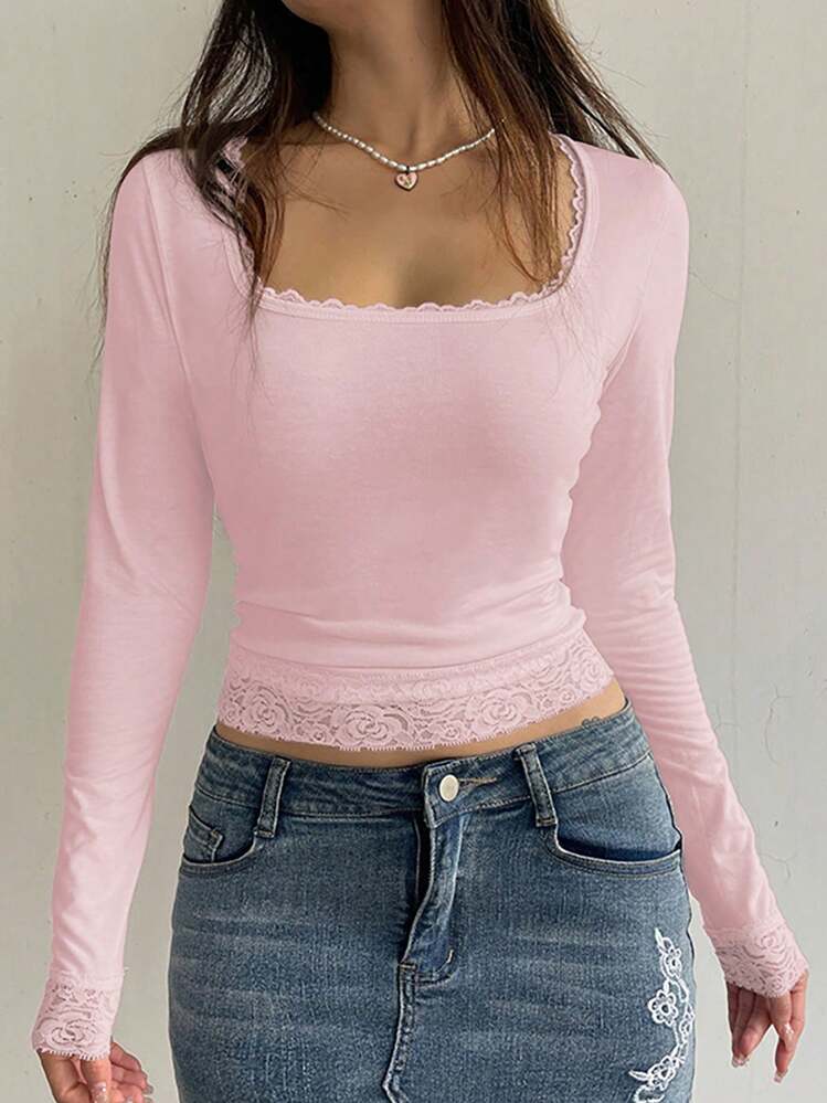 INAWLY Camiseta elegante de manga larga con cuello cuadrado, unicolor y encaje contrastante para mujer, ideal para atuendos primaverales - Rosa - Añade 5