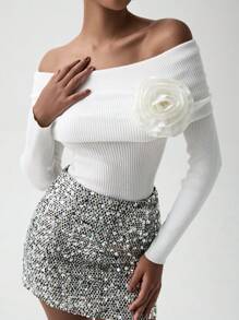 Lumivelle Women's Sexy Off-Shoulder 3D Floral Embellished Long Sleeve Knit Sweater