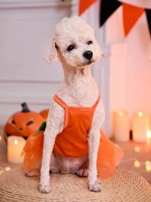PETSIN 1pc Halloween Orange Pumpkin & Funny Face Print Cute Mesh Tulle Dress For Cats/Dogs - Multicolor - View 4