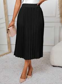 SHEIN Lady Chân váy chữ A nhún bèo, đa năng cho công việc và sự kiện - màu đen - Xem 4