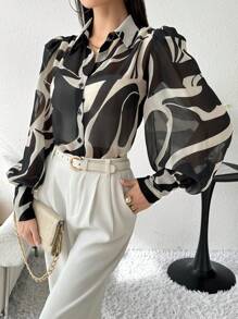 Modelyn Áo sơ mi nữ tay dài cài nút in họa tiết toàn thân thời trang thanh lịch giản dị, áo cánh đen trắng - Nhiều màu - Xem 6