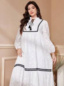 Mulvari 加大码系带长袖条纹设计优雅优雅连衣裙，优雅 A 字裙，长款女装秋季服装 - 白色 - 查看 3