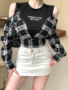 DAZY 女式二合一刺绣字母格子长袖衬衫，秋装