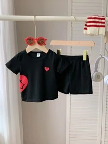 SHEIN 2 cái/bộ Em bé Con trai Giải trí Mặt Mẫu In Ngắn tay Áo thun Và Quần short , Mùa xuân/Mùa hè - màu đen - Xem 5