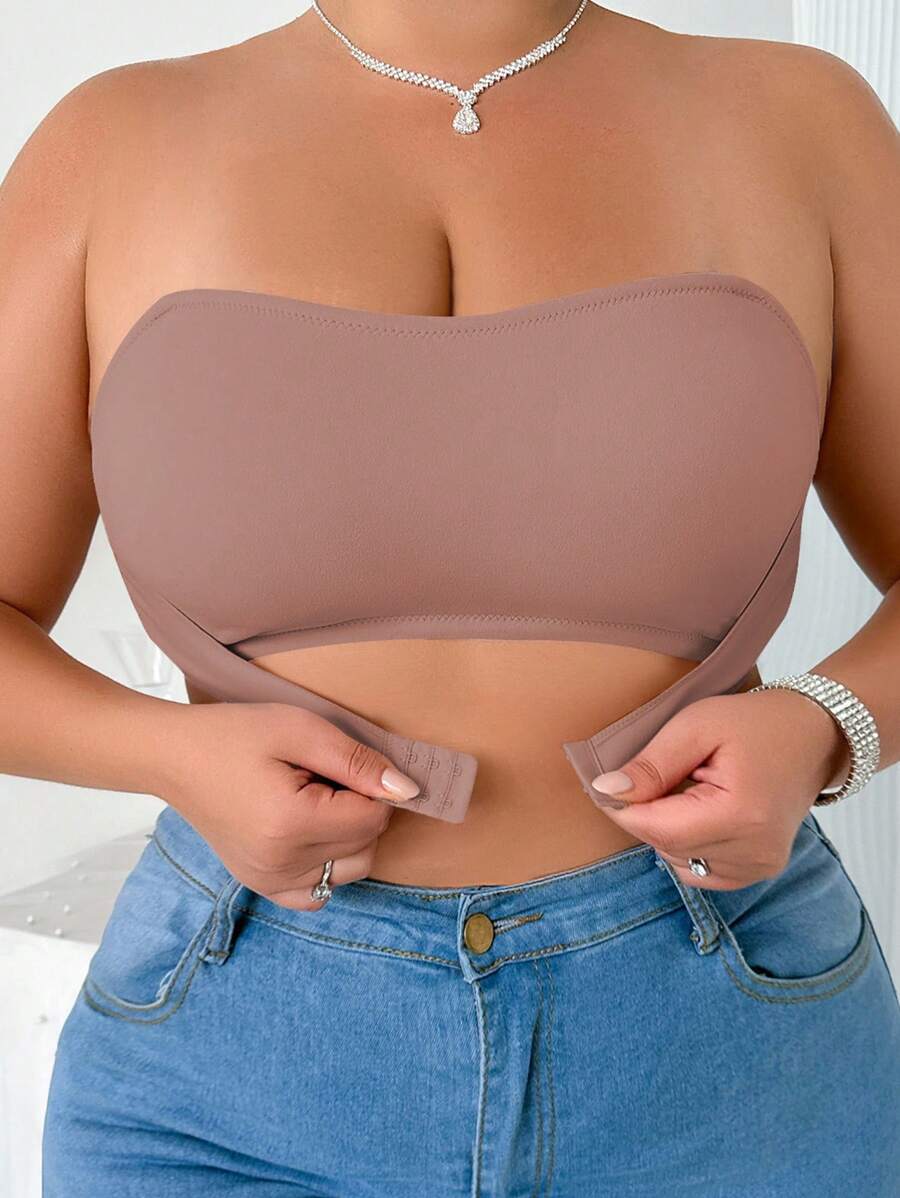 SHEIN Plus Size dành cho nữ có dây buộc phía trước nút áo ngực & áo ngực không dây - Màu Khaki - Xem 1