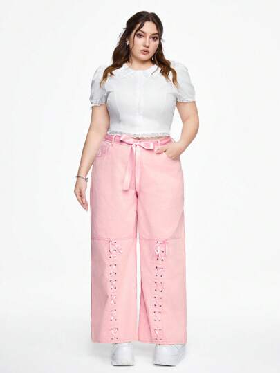 Kawaii Plus Size Women's Casual Wide-Leg Loose Lace-Up Cuffs Denim Pants