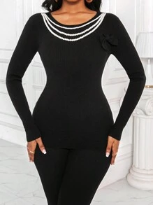 SHEIN Clasi Women's Autumn/Winter Bow & Faux Pearl Decor Sweater, Knit Pullover Fall - Black - View 5