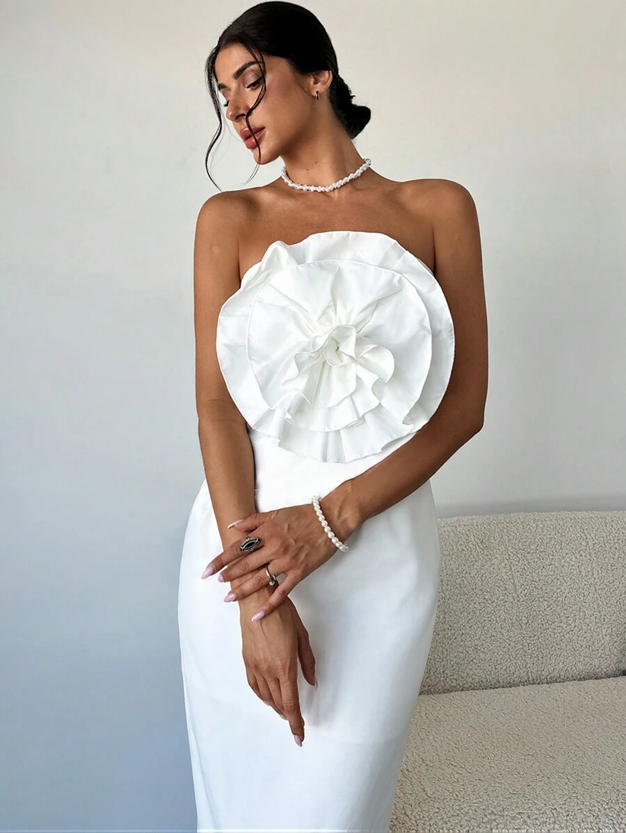 SHEIN Privé Vestido de fiesta de media pantorrilla elegante y delgado con cintura de 3D flores para mujer - Blanco - Ver 1