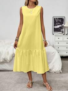 Pariaura 女士宽松休闲圆领无袖荷叶边下摆褶皱纹理面料连衣裙长款女装 - 黃色 - 查看 3