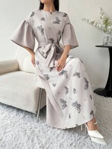 Al Najma 花卉印花荷葉邊短袖腰帶連衣裙 - 卡其色 - 查看 3