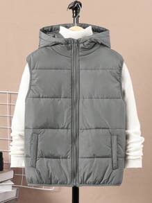 SHEIN Tween Boy 休闲连帽加厚绗缝马甲 - 灰色 - 查看 7