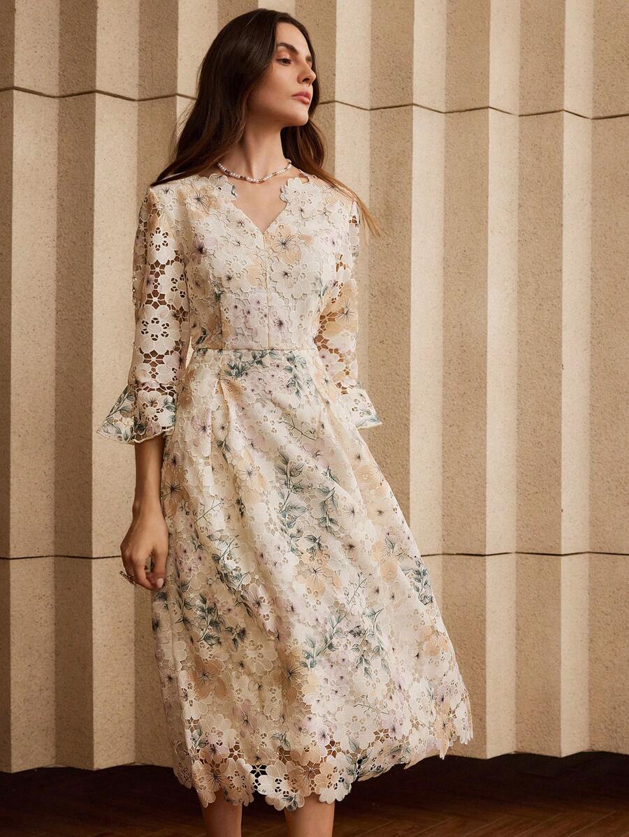 Anewsta 花卉印花缺口领优雅连衣裙 - 白色 - 查看 1