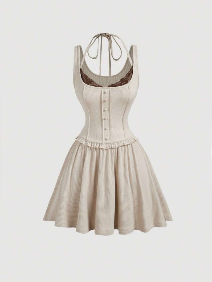 SHEIN MOD Vestido corto sin mangas de color camello con manga abullonada, encaje calado, recorte con volantes. Vestido de otoño, vestido de baile, atuendo de mujer para crucero, vestido de graduación corto, atuendo para cena, atuendo de cumpleaños de mujer