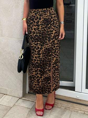 Leopard Print Slit Skirt